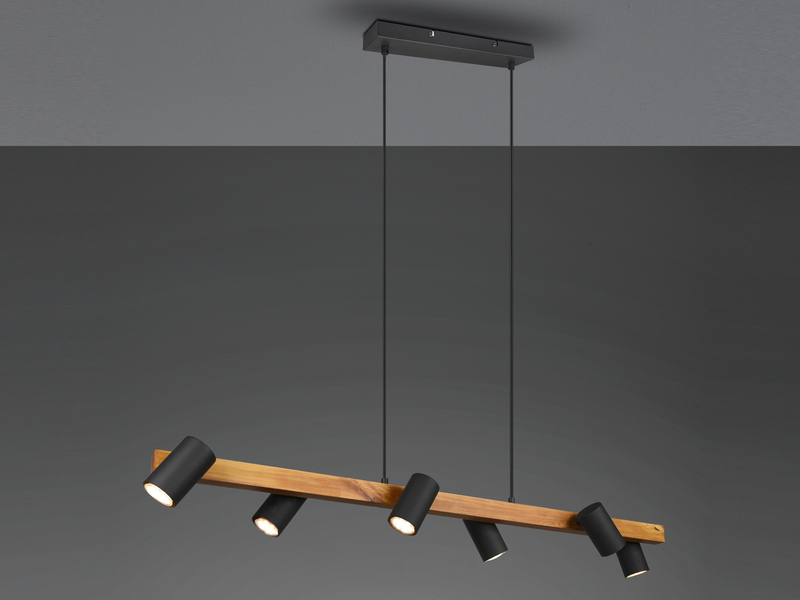 Pendelleuchte mit Holzbalken, 6 schwenkbare Spots inkl. GU10 LED, Breite 115cm