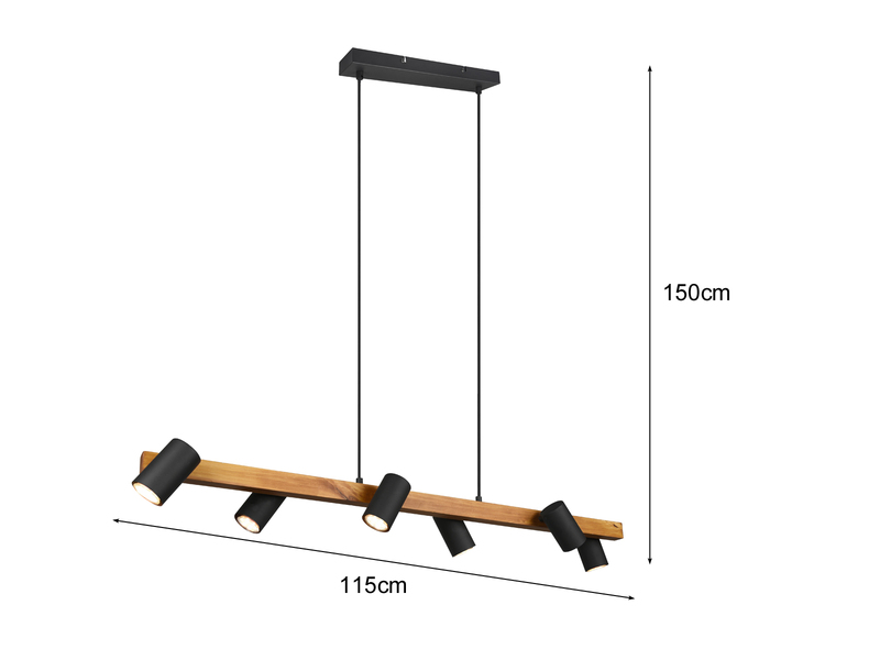 LED Balken Pendelleuchte 6 flammig Schwarz mit Holzbalken Breite 115cm