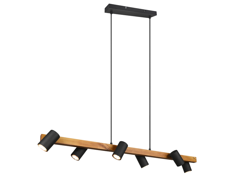 Pendelleuchte mit Holzbalken, 6 schwenkbare Spots inkl. GU10 LED, Breite 115cm