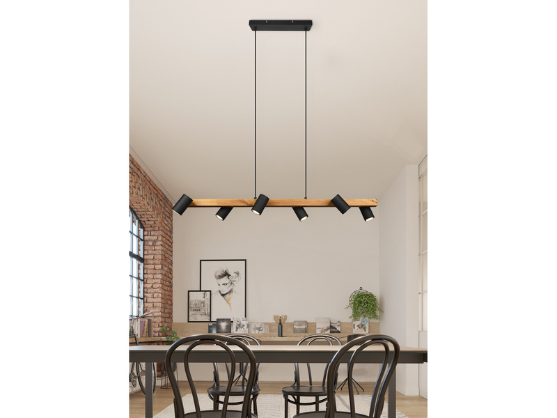 Pendelleuchte mit Holzbalken, 6 schwenkbare Spots inkl. GU10 LED, Breite 115cm