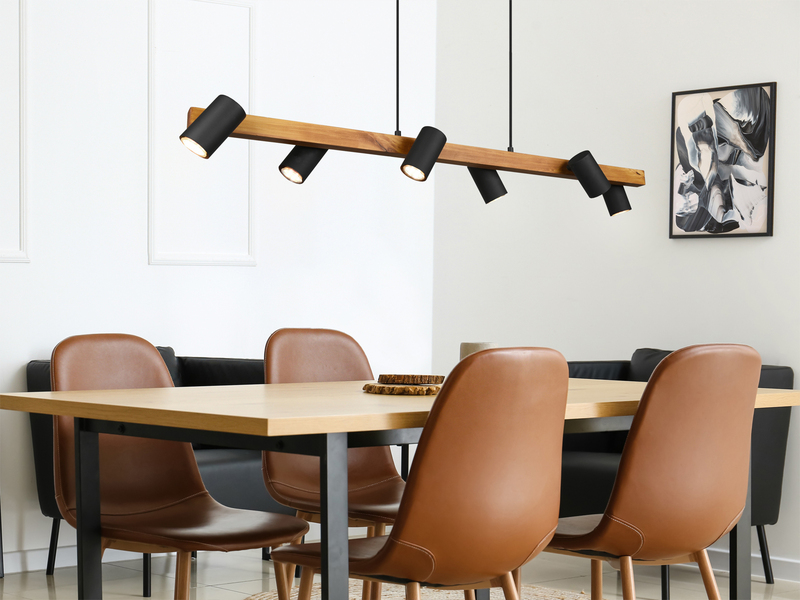 Pendelleuchte mit Holzbalken, 6 schwenkbare Spots inkl. GU10 LED, Breite 115cm