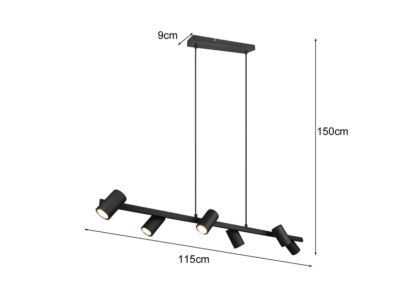 Pendelleuchte MARLEY Schwarz mit 6 schwenkbaren Spots, Breite 115cm