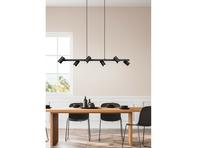 Balkenpendelleuchte MARLEY 6-flammig lang in Schwarz, Breite 115cm