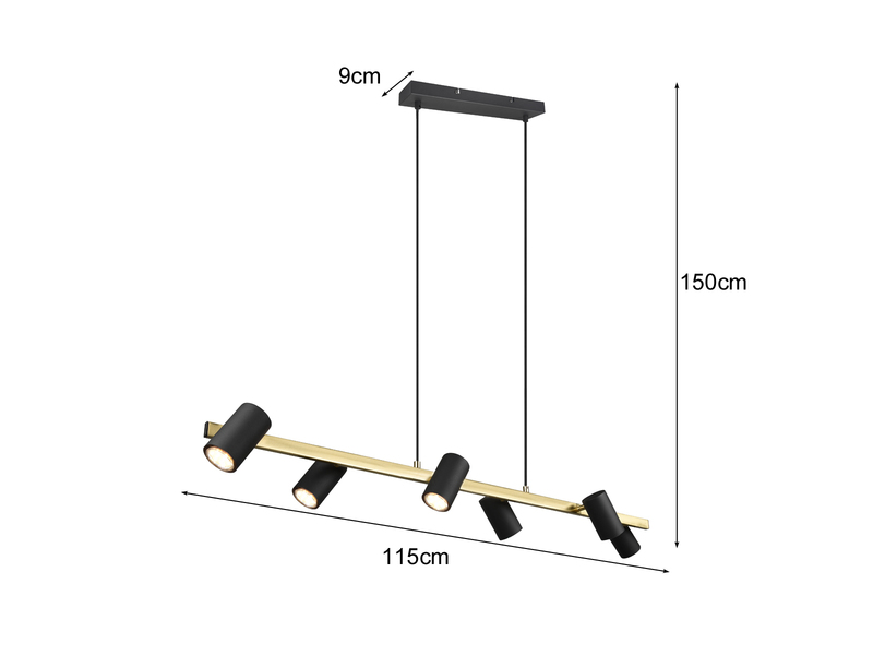 Balkenpendelleuchte MARLEY 6-flammig in Schwarz-Gold, Breite 115cm