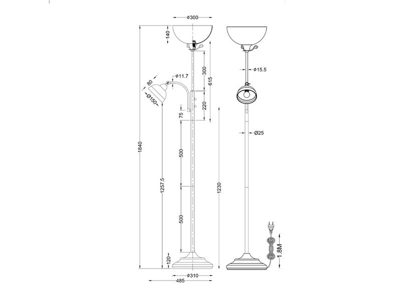 Großer Deckenfluter COUNTRY im Landhausstil mit Leselampe, Höhe 184cm