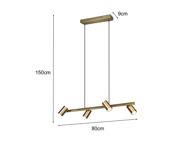 LED Balken Pendelleuchte 4 flammig in Altmessing Breite 80cm