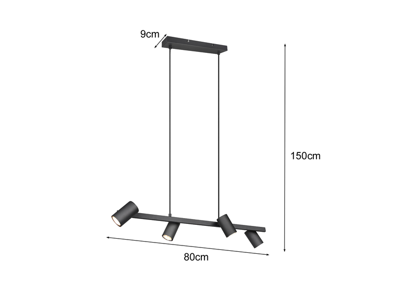 Pendelleuchte Schwarz mit 4 schwenkbaren Spots inkl. GU10 LED, Breite 80cm