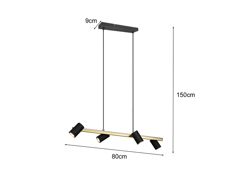 LED Balken Pendelleuchte 4 flammig in Schwarz-Gold Breite 80cm