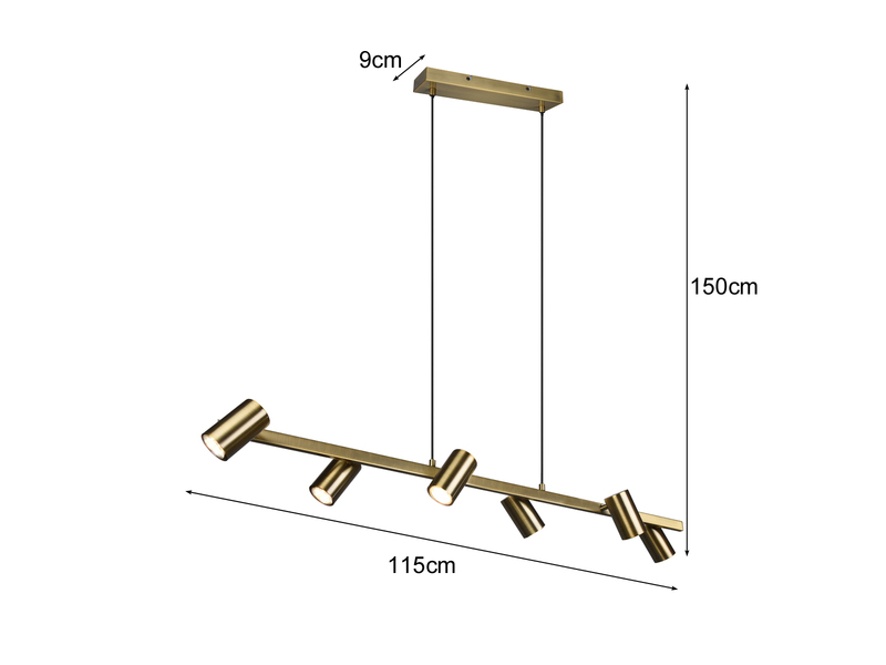 LED Balken Pendelleuchte 6 flammig in Altmessing Breite 115cm