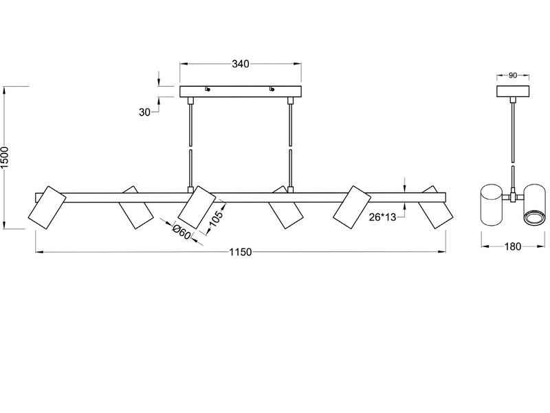 LED Balkenpendelleuchte 6-flammig lang in Schwarz, Breite 115cm