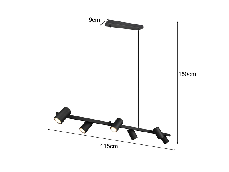 Pendelleuchte Schwarz mit 6 schwenkbaren Spots inkl. GU10 LED, Breite 115cm