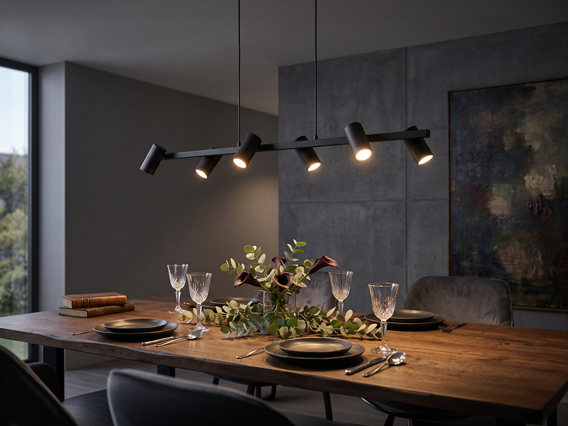 Pendelleuchte Schwarz mit 6 schwenkbaren Spots inkl. GU10 LED, Breite 115cm