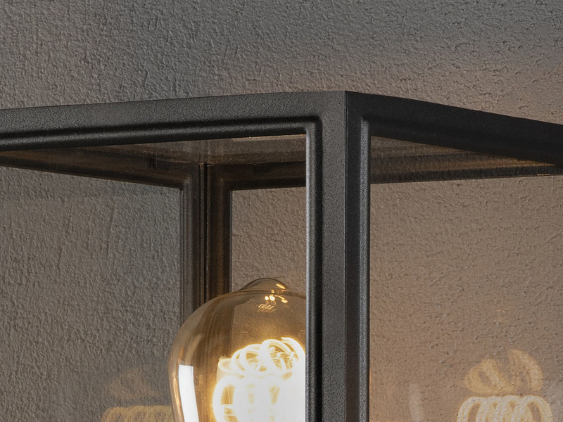 Stehende LED Außenwandlaterne Schwarz mit Klarglas, Höhe 33cm