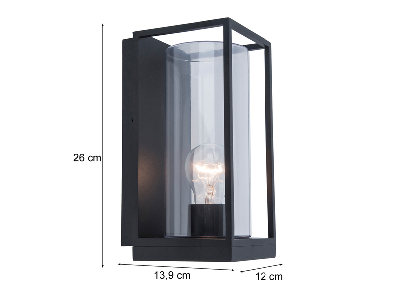 LED Außenwandleuchte Laterne Schwarz mit Glas, Höhe 26 cm