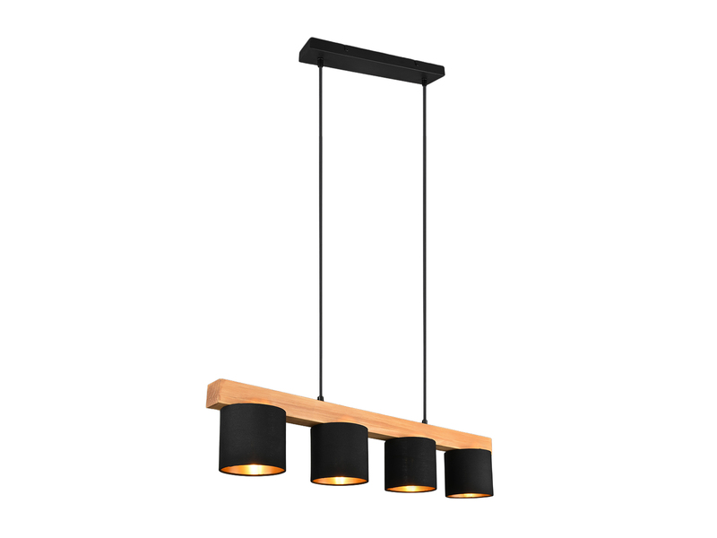 Pendelleuchte CAMERON Holzbalken 4-flammig Stoffschirme Schwarz Gold, B: 75cm