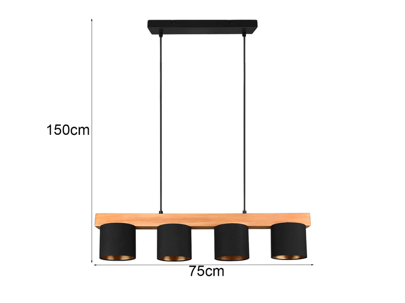 Pendelleuchte CAMERON Holzbalken 4-flammig Stoffschirme Schwarz Gold, B: 75cm