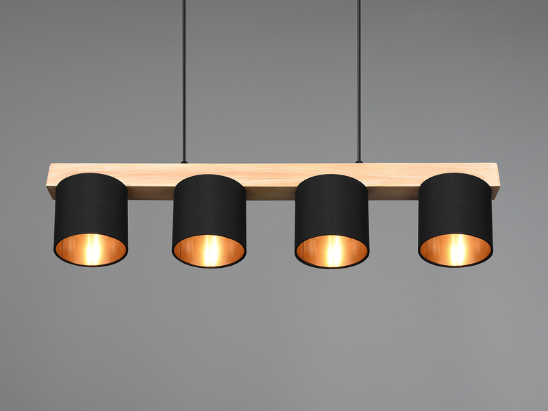 Pendelleuchte CAMERON Holzbalken 4-flammig Stoffschirme Schwarz Gold, B: 75cm