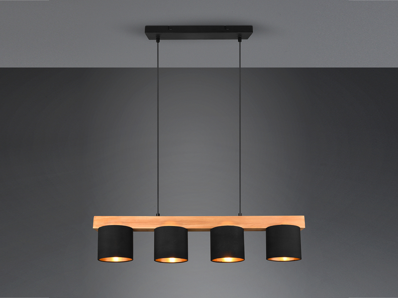 Pendelleuchte CAMERON Holzbalken 4-flammig Stoffschirme Schwarz Gold, B: 75cm