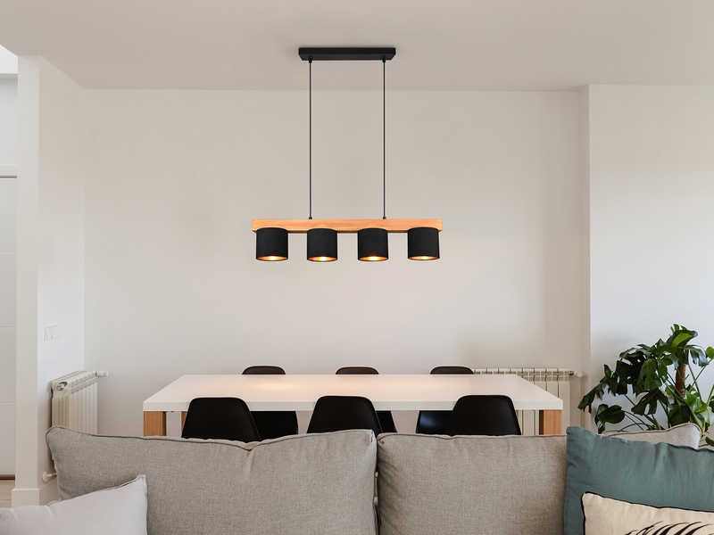 Pendelleuchte CAMERON Holzbalken 4-flammig Stoffschirme Schwarz Gold, B: 75cm