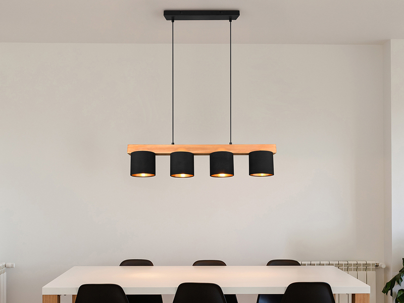 Pendelleuchte CAMERON Holzbalken 4-flammig Stoffschirme Schwarz Gold, B: 75cm