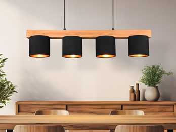 Pendelleuchte CAMERON Holzbalken 4-flammig Stoffschirme Schwarz Gold, B: 75cm