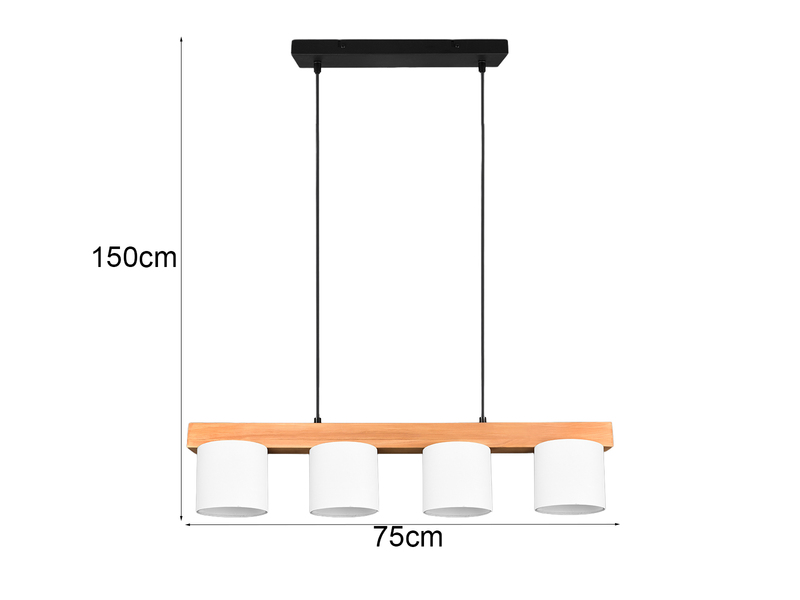 Pendelleuchte CAMERON Holzbalken 4-flammig Stoff Lampenschirme Weiß, B: 75cm