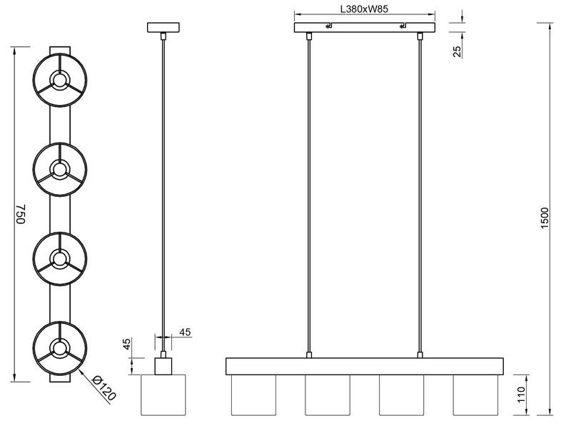 Pendelleuchte CAMERON Holzbalken 4-flammig Stoff Lampenschirme Weiß, B: 75cm