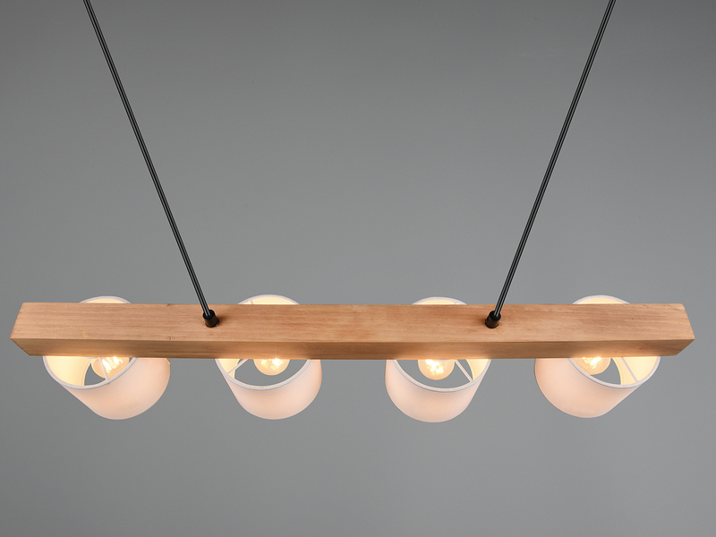 Pendelleuchte CAMERON Holzbalken 4-flammig Stoff Lampenschirme Weiß, B: 75cm