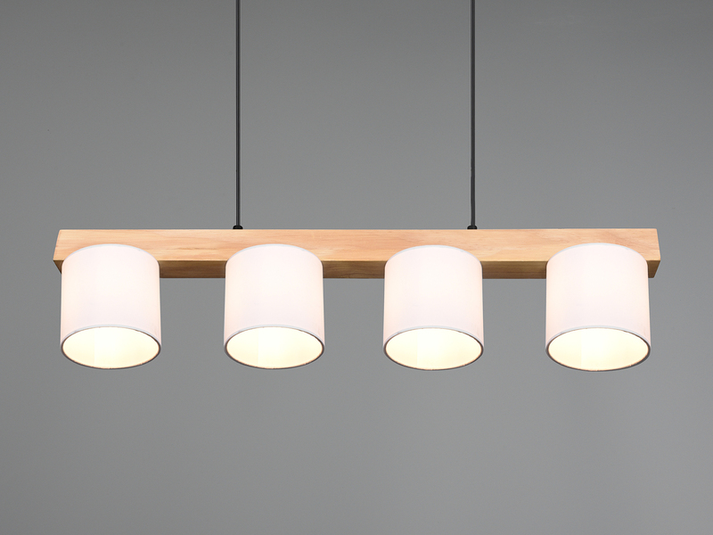 Pendelleuchte CAMERON Holzbalken 4-flammig Stoff Lampenschirme Weiß, B: 75cm