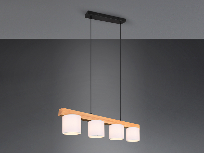 Pendelleuchte CAMERON Holzbalken 4-flammig Stoff Lampenschirme Weiß, B: 75cm