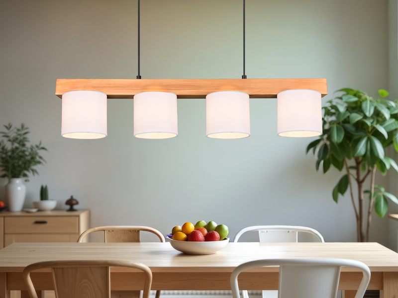 Pendelleuchte CAMERON Holzbalken 4-flammig Stoff Lampenschirme Weiß, B: 75cm