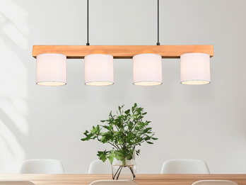 Pendelleuchte CAMERON Holzbalken 4-flammig Stoff Lampenschirme Weiß, B: 75cm