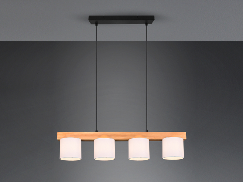 LED Holzbalken Pendelleuchte 4-flammig, Stoff Lampenschirme Weiß, B: 75cm