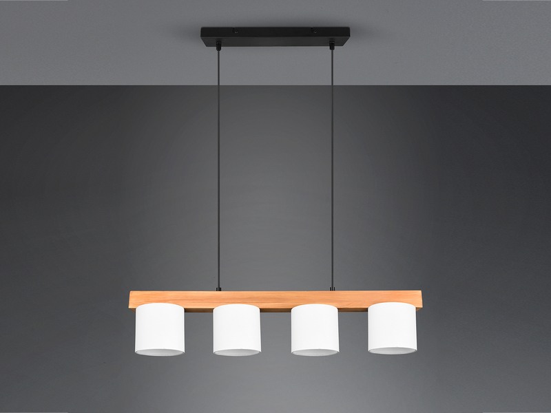 LED Holzbalken Pendelleuchte 4-flammig, Stoff Lampenschirme Weiß, B: 75cm