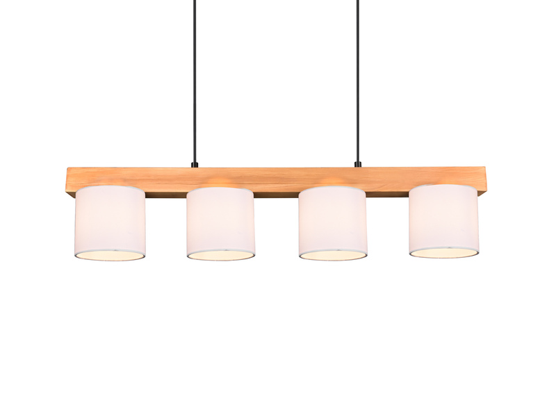 LED Holzbalken Pendelleuchte 4-flammig, Stoff Lampenschirme Weiß, B: 75cm