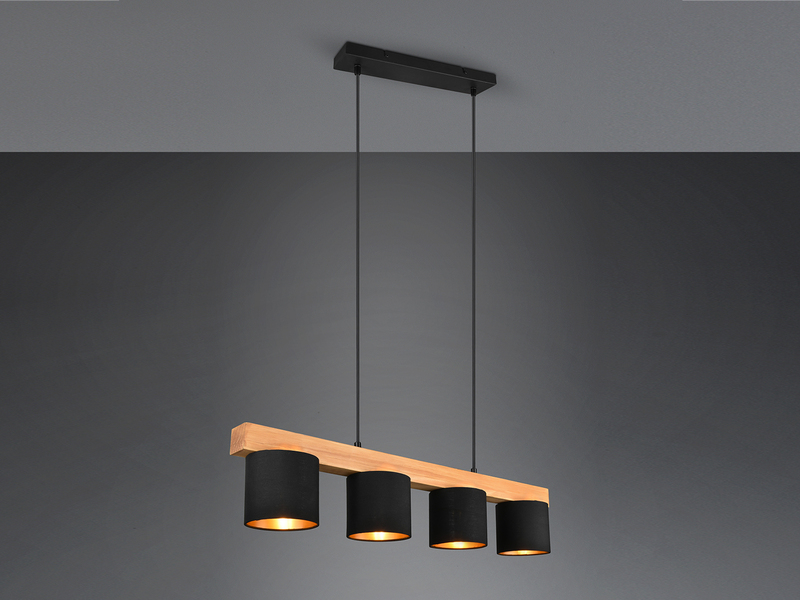 LED Holzbalken Pendelleuchte 4-flammig Stoffschirme Schwarz Gold, B: 75cm