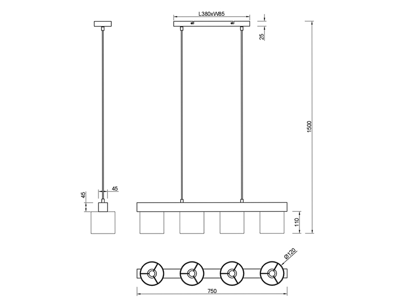 LED Holzbalken Pendelleuchte 4 Stoff Lampenschirme Schwarz Gold