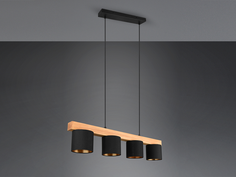 LED Holzbalken Pendelleuchte 4-flammig Stoffschirme Schwarz Gold, B: 75cm