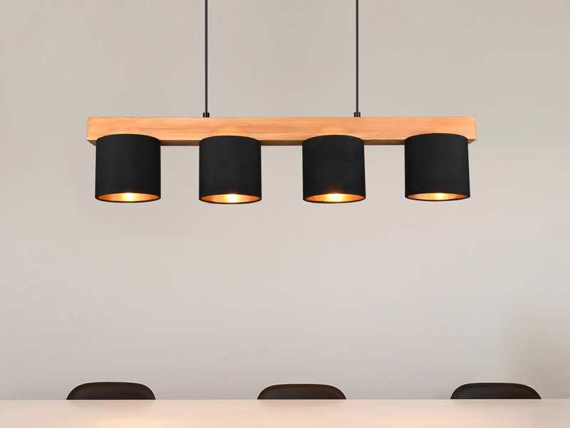 LED Holzbalken Pendelleuchte 4-flammig Stoffschirme Schwarz Gold, B: 75cm