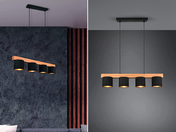 LED Holzbalken Pendelleuchte 4-flammig Stoffschirme Schwarz Gold, B: 75cm
