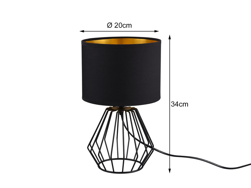 LED Tischleuchte mit Gitterkorpus und Stoffschirm in Schwarz/Gold Ø20cm