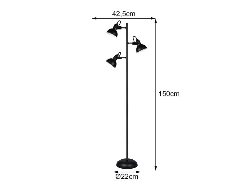 LED Stehleuchte Schwarz 3 flammig mit Fußschalter - Höhe 150cm