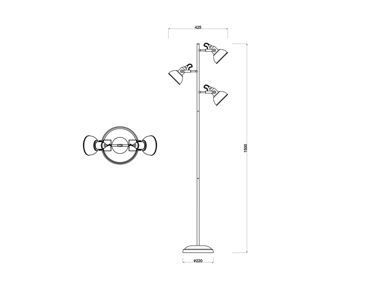 LED Stehleuchte Schwarz 3 flammig mit Fußschalter - Höhe 150cm