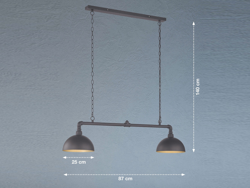 LED Pendelleuchte 2-flammig Industrial Schwarz Gold Design Rohr, Breite 87cm