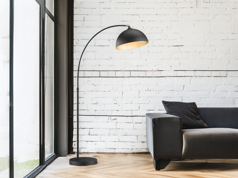 LED Bogenlampe dimmbar mit Lampenschirm Schwarz Gold, Höhe 200cm