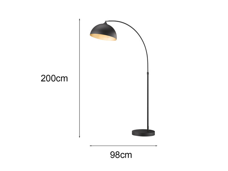 LED Bogenlampe dimmbar mit Lampenschirm Schwarz Gold, Höhe 200cm