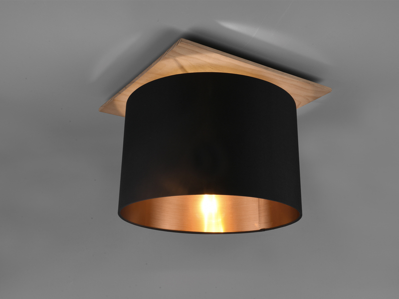 Deckenleuchte mit Stoff Lampenschirm in Schwarz/Gold und Holz Sockel Ø 40cm