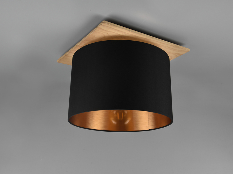 Deckenleuchte mit Stoff Lampenschirm in Schwarz/Gold und Holz Sockel Ø 40cm