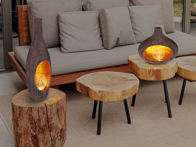 LED Solar Tischleuchte Rattanoptik mit Crackleglas Kugel, Höhe 45,5cm