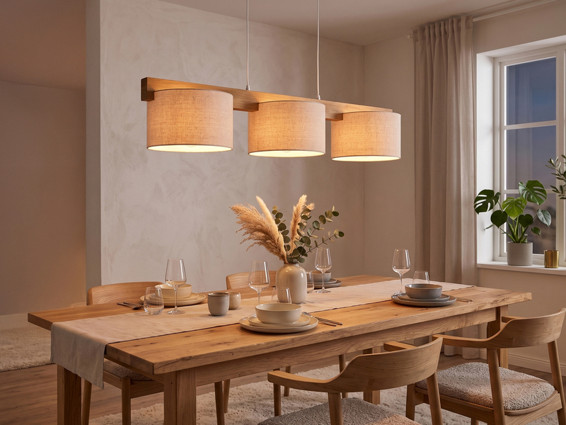 Pendelleuchte LANAT Holzbalken 3-flammig mit Stoffschirmen Beige, Breite 100cm